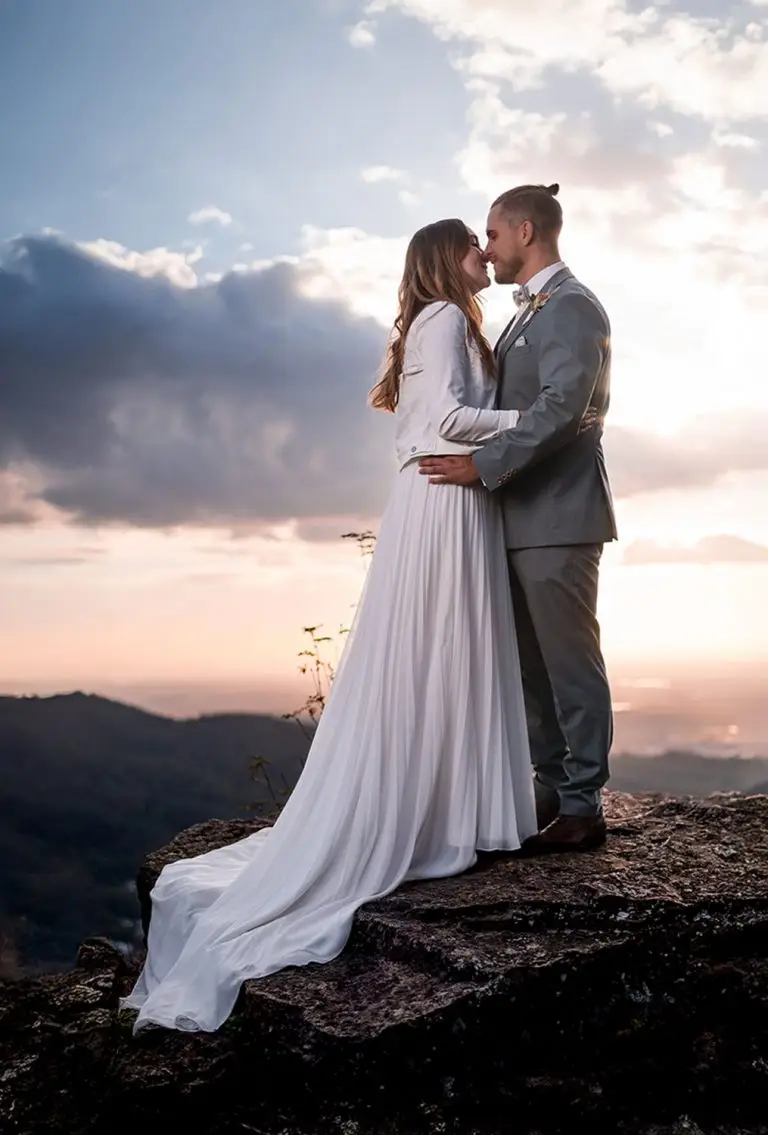 Brautpaar auf den Battertfelsen bei Baden-Baden vor romantischem Sonnenuntergang