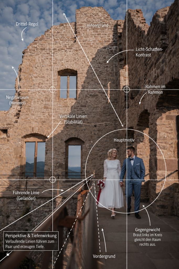 Visualisierung der Bildkomposition einen Brautpaafoto am alten Schloss in Baden-Baden